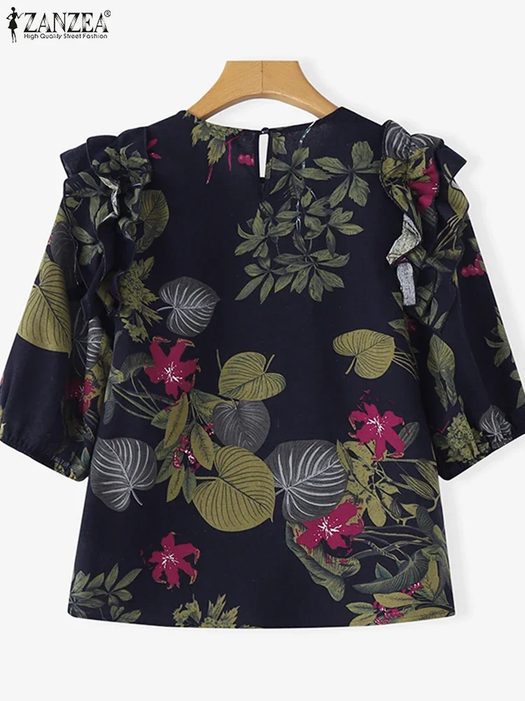 ZANZEA Vintage Summer Blouse Short Sleeve Women Ruffled Shirts 2025 Printed Tunic Tops Casual Loose Bohemian Blusas Cotton Tees