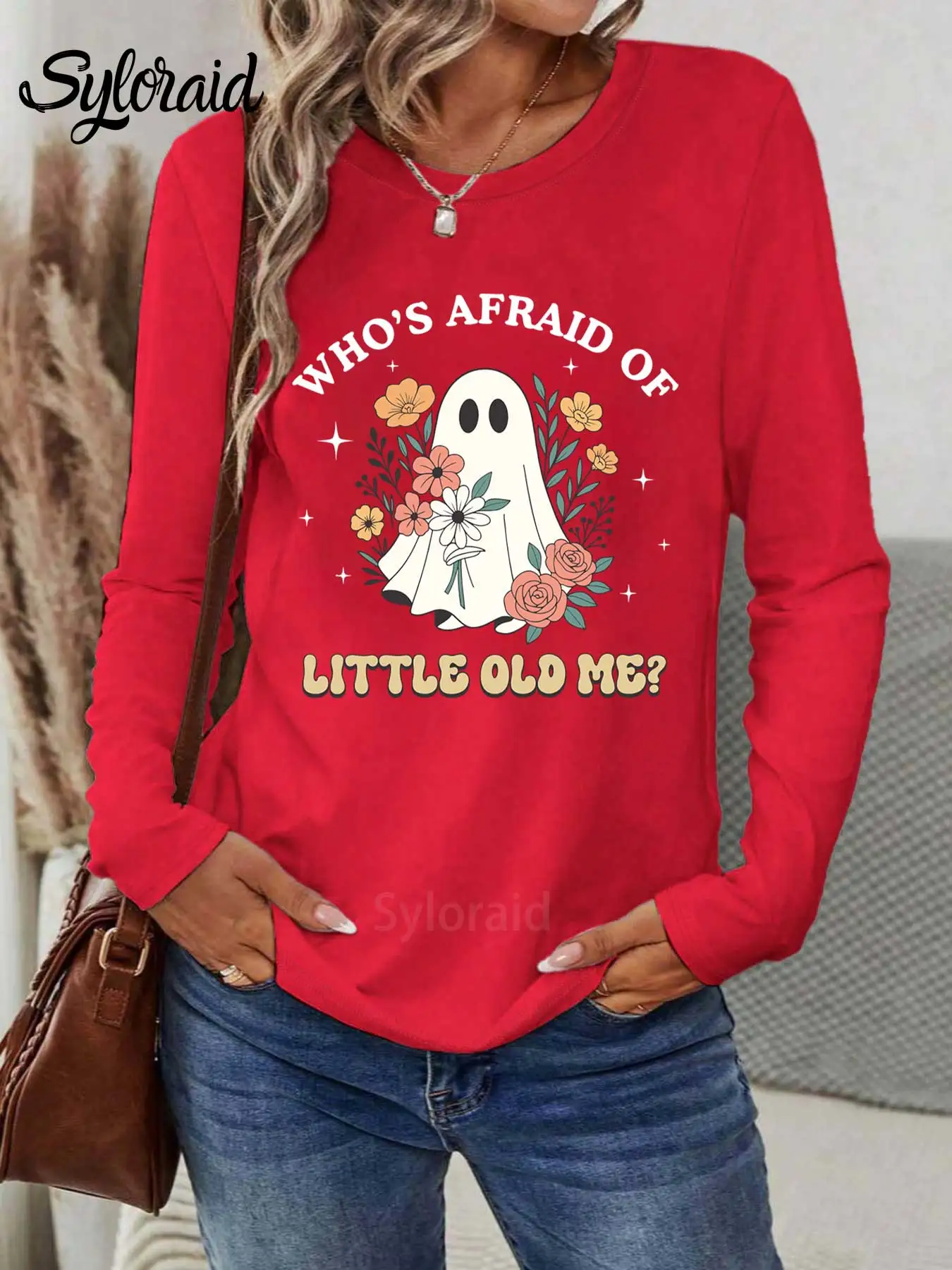 تي شيرت نسائي طويل الأكمام من يخف من عجوز الصغير للهالوين مطبوع عليه زهور شبح تي شيرت عصري برقبة دائرية كاجوال #3