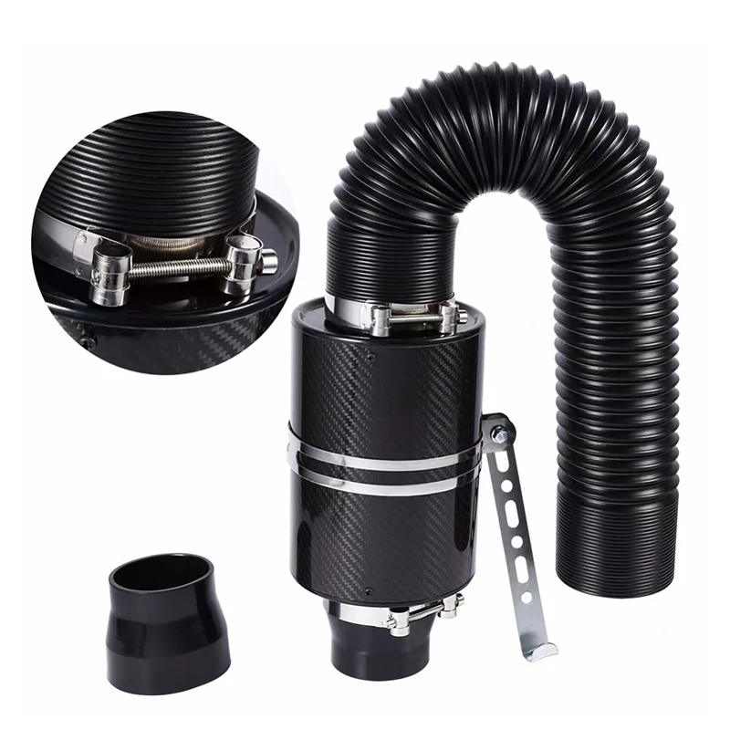 1 Set Universal Car 76mm 3 Inch Carbon Fibre Cold Air Filter Feed Enclosed Intake Induction Pipe Hose Kit