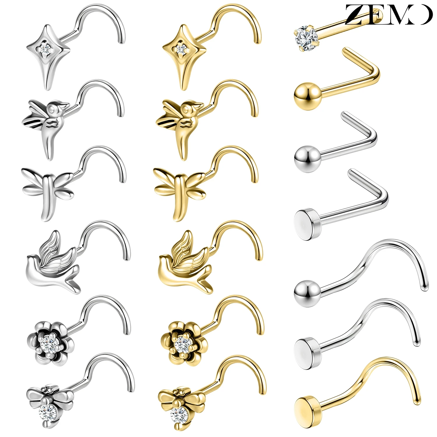 ZEMO 1 STÜCK 18/20G I/L/S Form Edelstahl Nasenstecker Damen Herren CZ Kristall Nasenringe Vögel Wildgans Nasenloch Körperpiercings