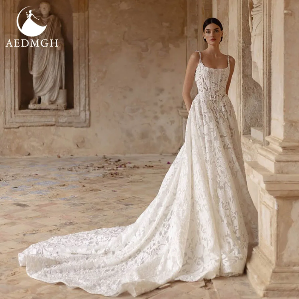 

Aedmgh A-Line Stunning Wedding Dresses For Women Boat Neck Vestido De Novia Lace Beaded Embroidery Chic Custom Made Bridal Gowns