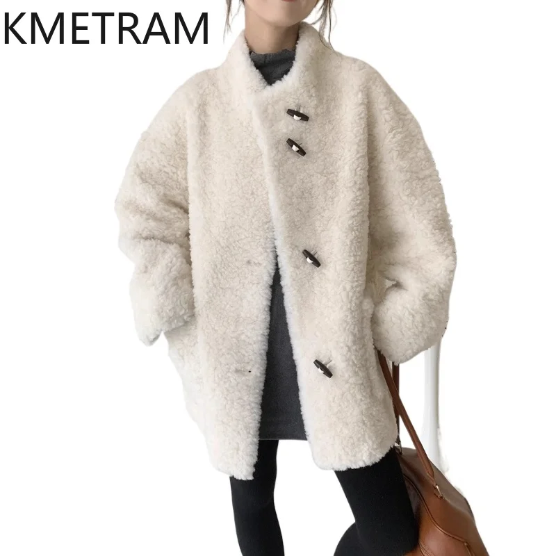 

KMETRAM 100% Wool Coats Stand Collar Mid-Length Sheep Shearling Jacket 80cm Loose Winter Outerwears 2026 Woman Clothing jaqueta