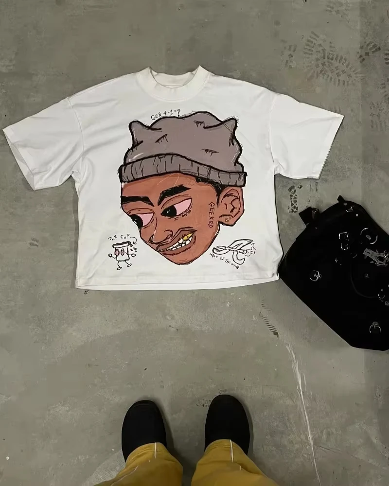 Summer Trend Retro Cartoon Print T-shirt Women Y2k Cotton Round Neck Short Sleeve Harajuku Men Women Graffiti Style Tee Tops