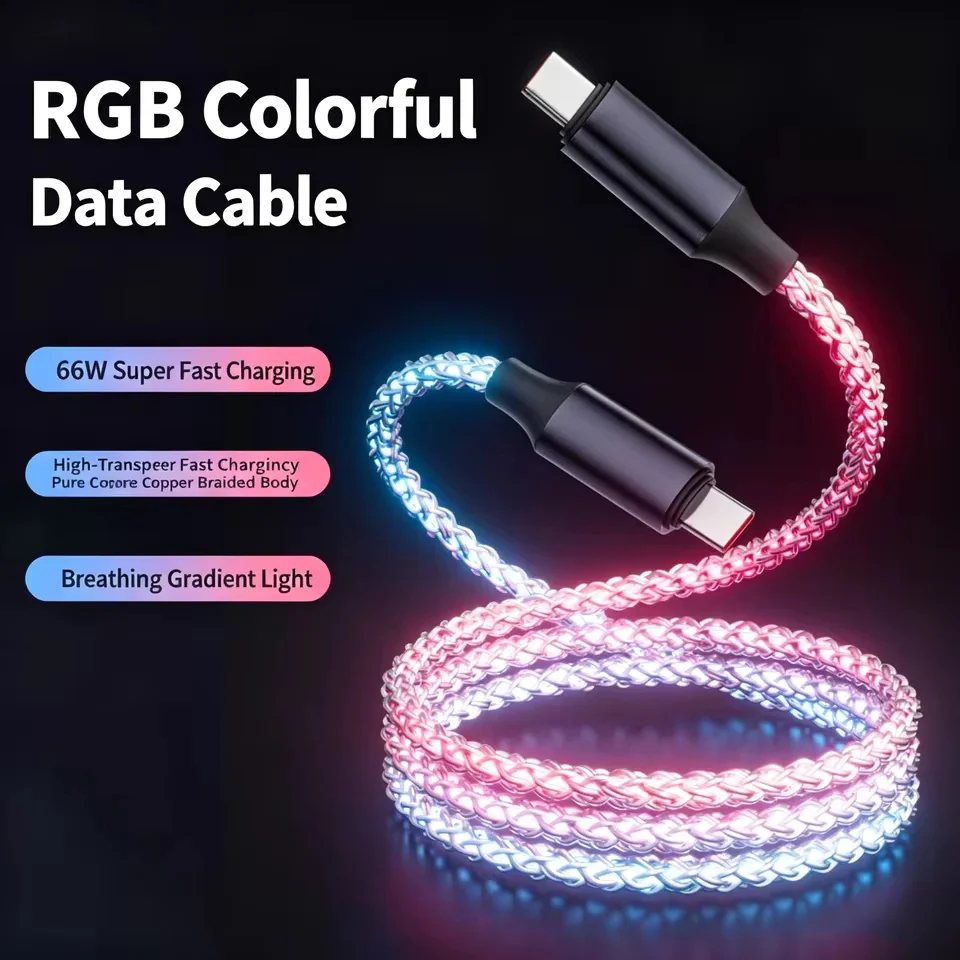 66W RGB Flowing LED Luminous USB C to Type C Fast Charging Cable Sync Data Cord for iPhone 17 16 Pro Huawei Samsung Oppo Vivo