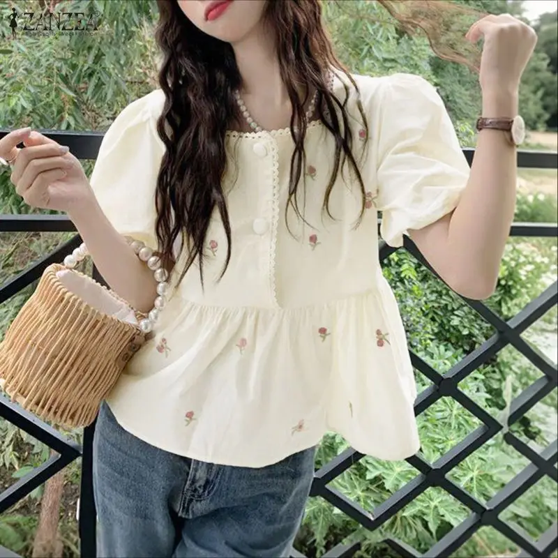 

ZANZEA Women's Sweet Floral Print Peplum Tops Lace-Trim Square Neck Short Puff Sleeve Blouses 2026 Summer Causal Blusas de Mujer