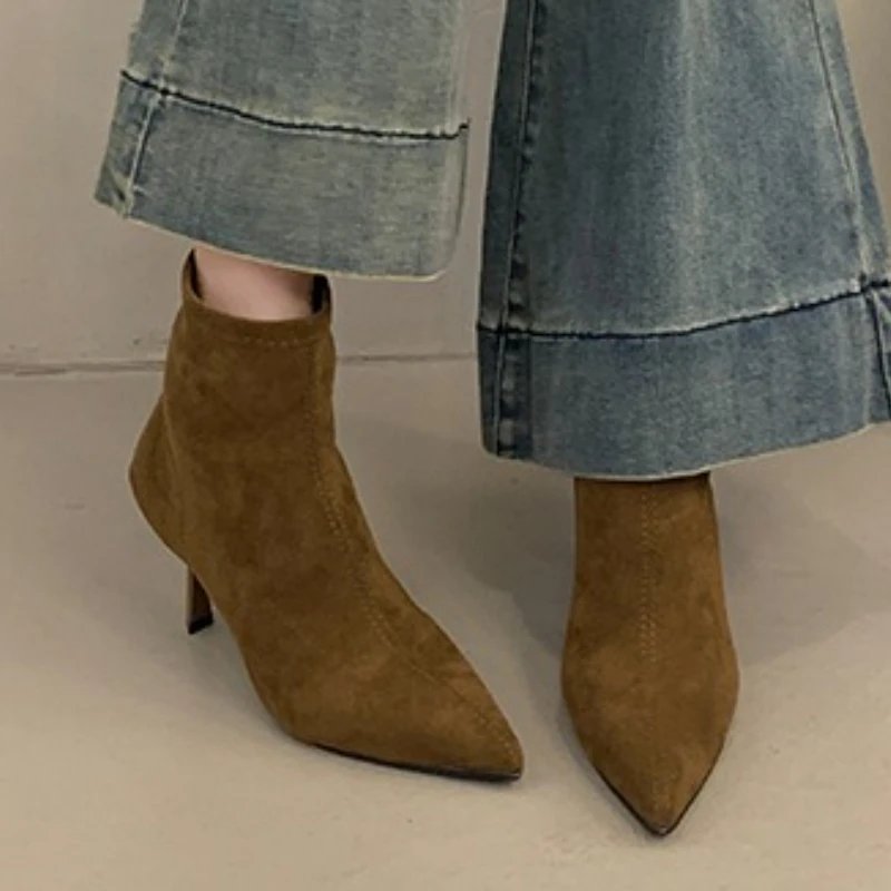

Ankle Boots Women Pointed Toe Heeled Shoes Sexy Designer New 2025 Winter Suede Dress Party Chelsea Boots Woman Pumps Botas Mujer