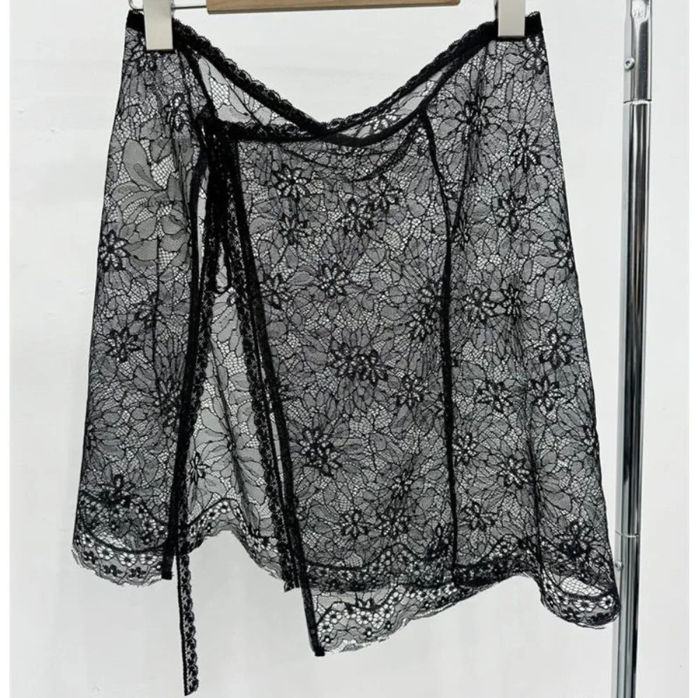 

Новая мини-юбка с вышивкой и кружевом, прозрачная, в стиле Харадзюку, плиссированная, в стиле Y2K, уличная мода, с джинсовыми элементами