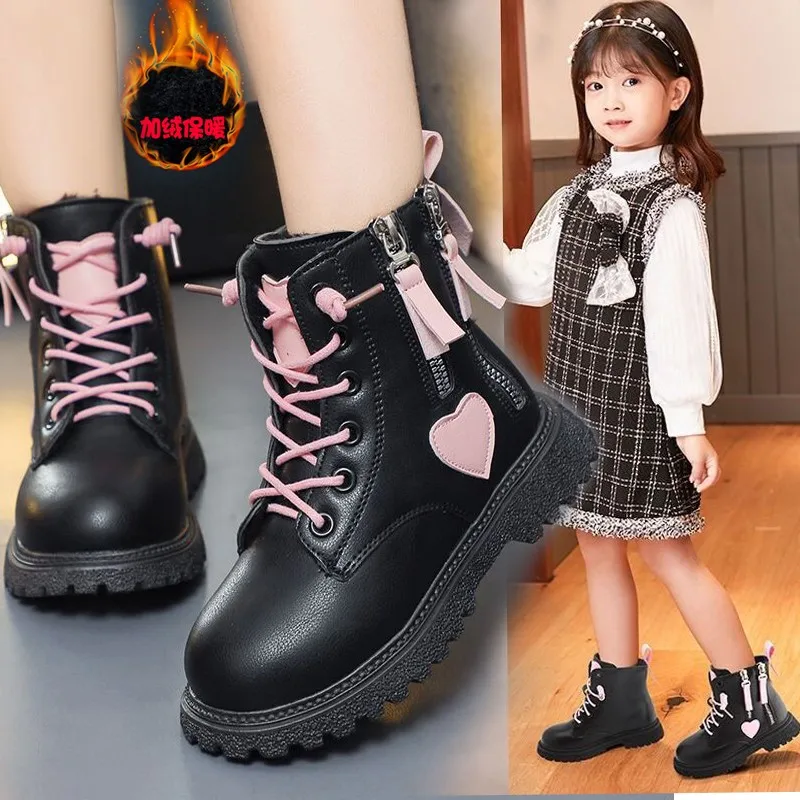 Kids Short Boots Pink and Black Double Zipper Love Sweet Girls 2022 Non-Slip Temperament Casual Shoes Child Fashion Spring New