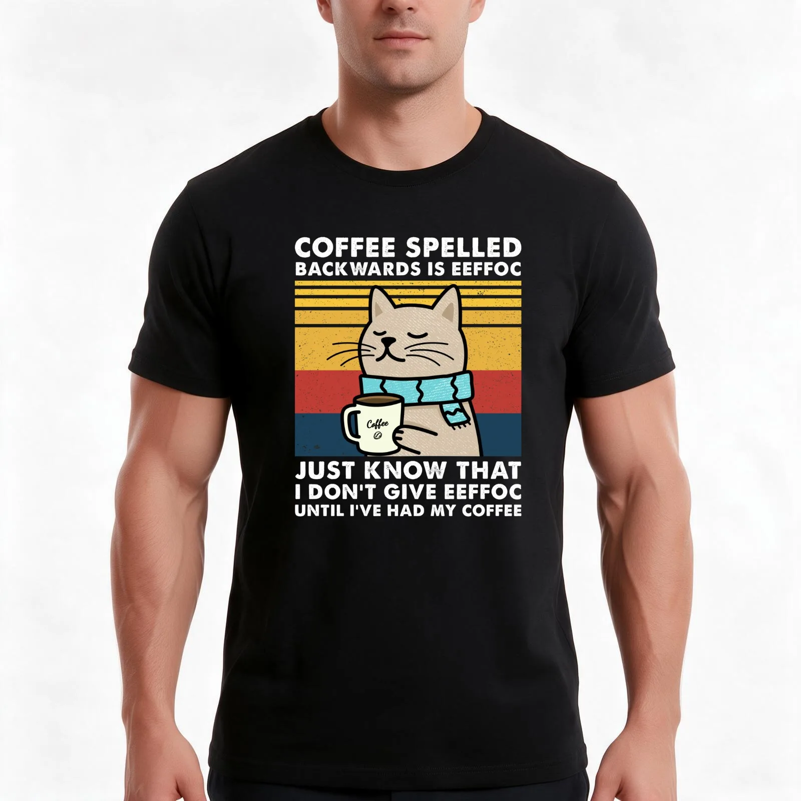 Coffee Spelled Backwards Is Eeffoc Cat Drinking T-Shirt Summer Casual Cotton Tee Oversized Streetwear Tops Unisex Men Women