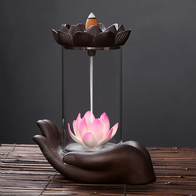 

Bergamot Lotus Ceramic Backflow Incense Burner Luminous LED Beads Office Furniture Home Decoration Crafts Living Room Decoration