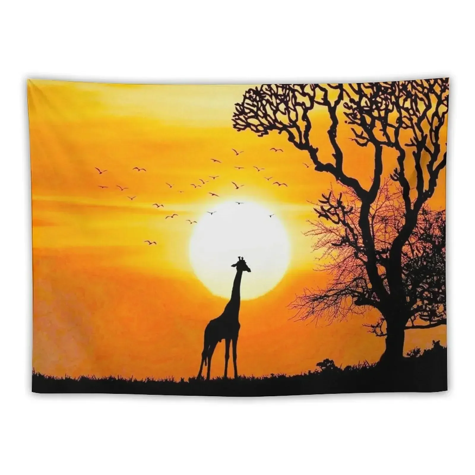 

Vibrant Orange Sunset with Giraffe Silhouette and Savannah Tree Tapestry Decoration For Bedroom Wallpapers Home Decor Tapestry