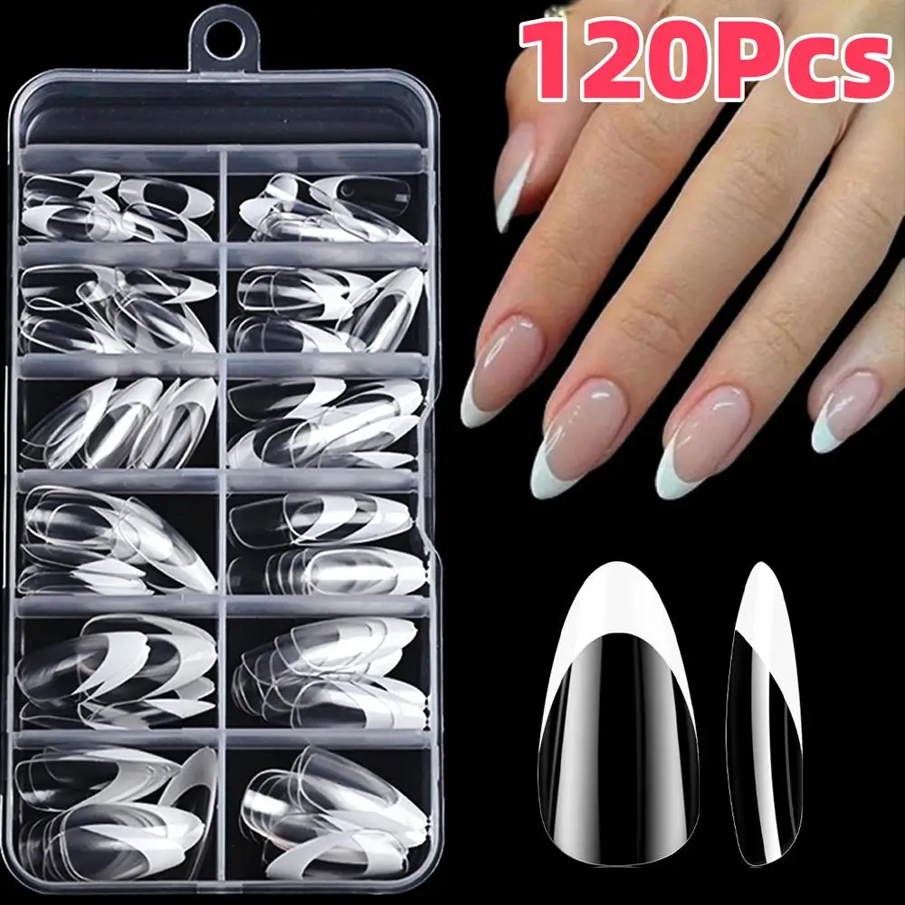 

120 шт., акриловые прозрачные французские накладные ногти, 12 размеров, средний миндаль, пресс на ногтях, дизайн с белым краем, полное покрытие, накладные кончики пальцев