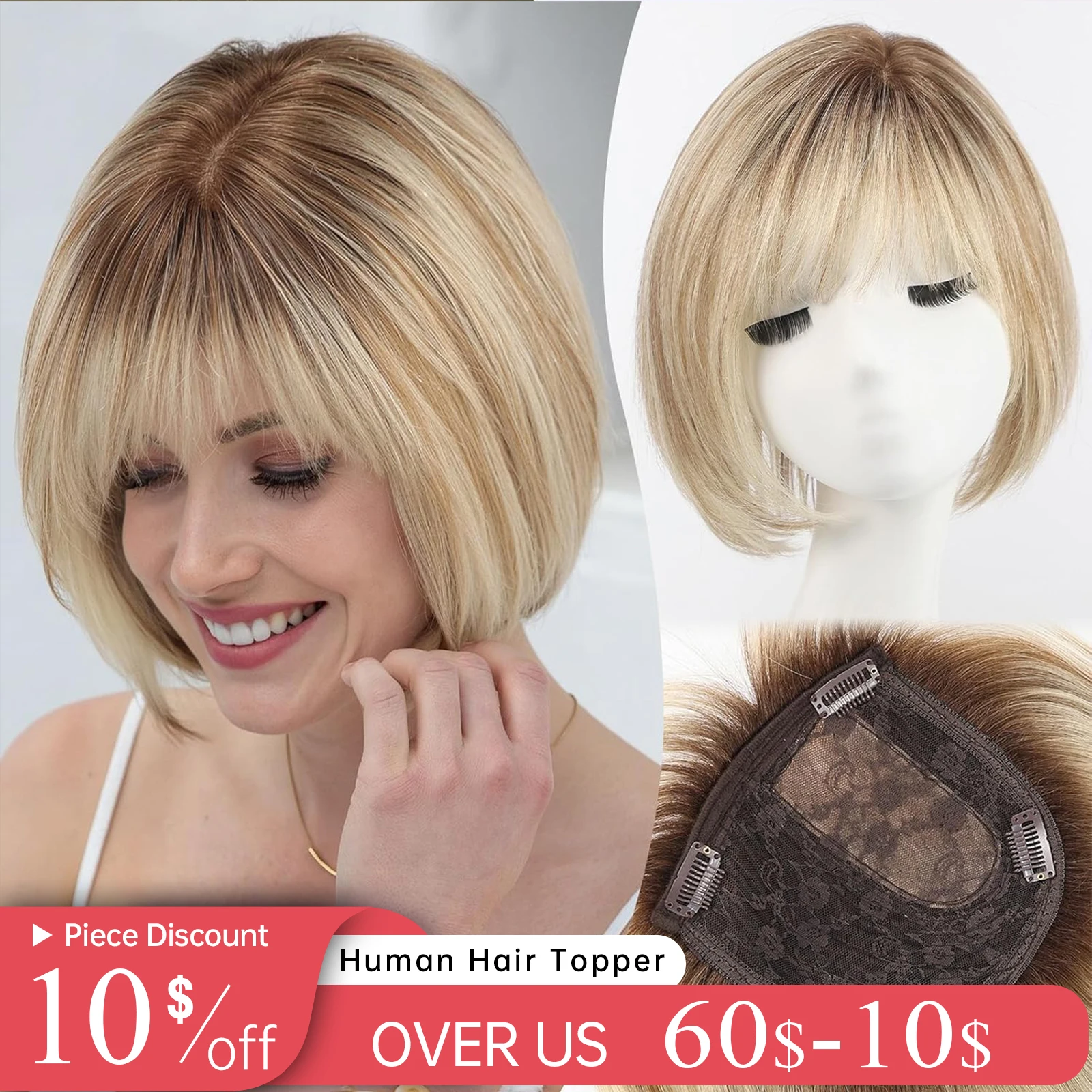 10 inch Short Bob Remy Hair Toppers Mixed Blonde Brown Hair Topper with Bangs Side Part Hair Pieces for Women with Thining Hair