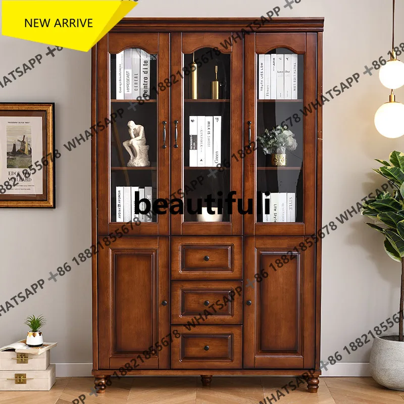 

M138 Solid wood bookcase American style three doors with glass student bookshelf living room floor study file cabinet
