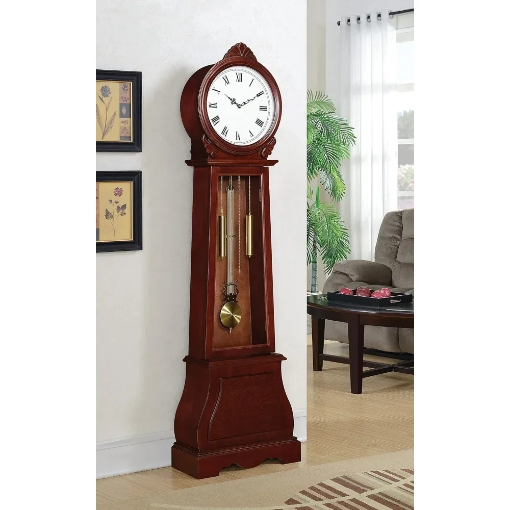 The grandfather clock,Stately grandfather clock in brown red finish with gold finish details features striking bishop silhouette