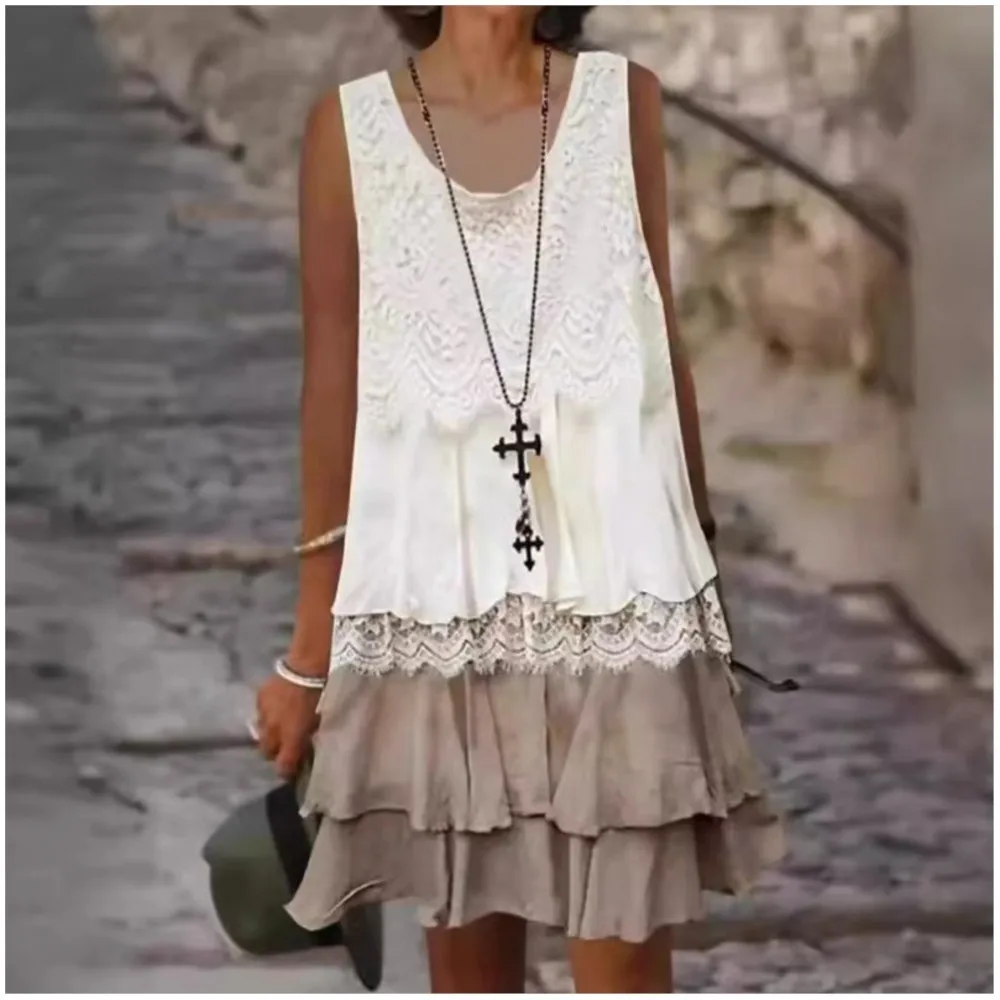 2025 nova moda feminina casual mini vestido de renda emenda dupla camada sem mangas sexy confortável colete vestidos férias de verão