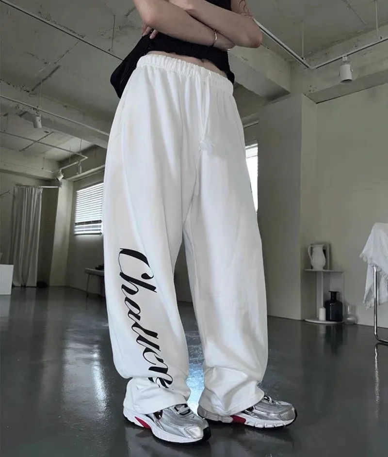 

Fashion Hip Hop White Long Pants Female Loose Wide Leg Sports Pants Women's High Street Y2k Korean Grunge Trousers Joggers Pants