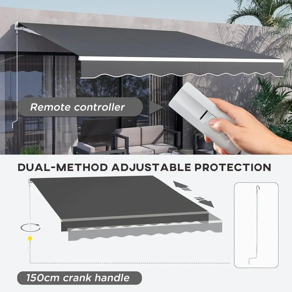 Electric Awning, Retractable Awning, UV Protection Sun Shade Shelter with Remote Controller and Manual Crank Handle for Deck