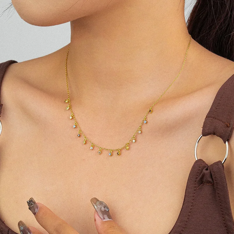 Fashion Light Luxury Geometric Square Tassel Zircon Necklace Clavicle Chain for Women 925 Sterling Silver Jewelry