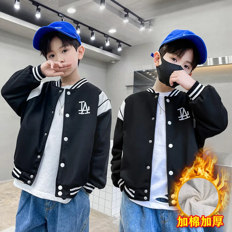 Teens Thick Jacket Boys Baseball Coat Kids Warm Autumn Winter Outerwear New Round Neck Letter Clothes Children's Tops