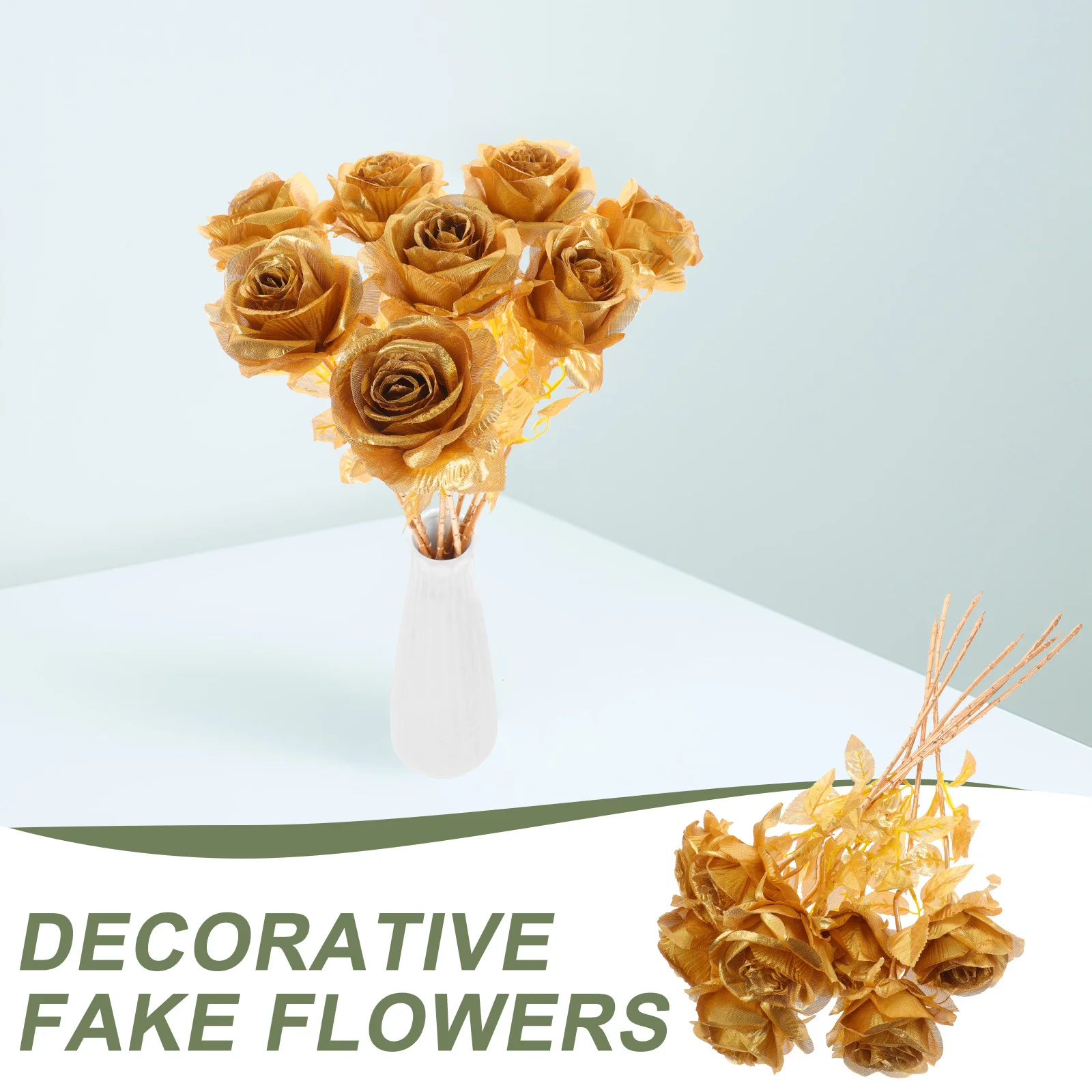 

8Pcs Simulation Gold Rose Artificial Flowers Bouquet Wedding Decorative Flower Arrangement Home Faux Rose Stems