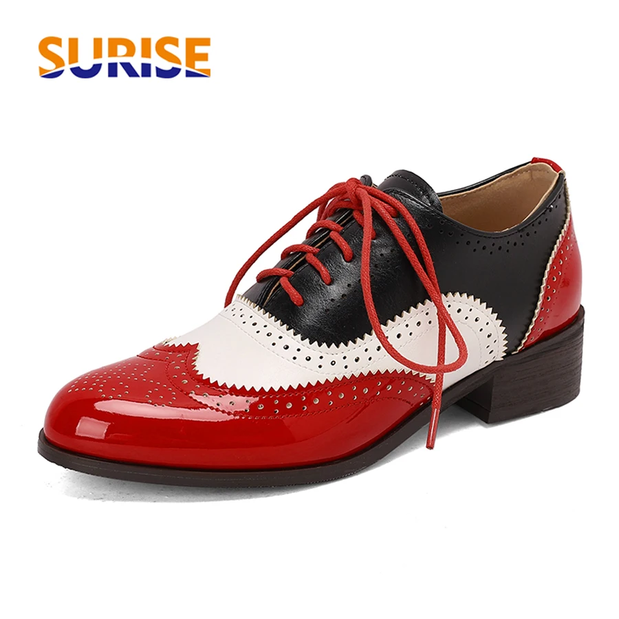 Red Mixed Color Women Oxfords Med Square Heels Full Wingtip Brogue Flats Retro Dress Party Gentlady Lace-up Pink Patchwork Pumps