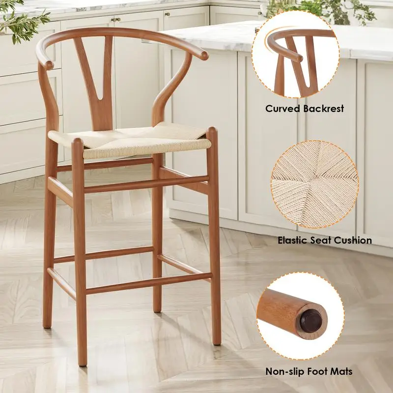مقاعد بار ذات ارتفاع منسوج، كراسي بار الروطان المجمعة بالكامل لجزيرة المطبخ، قطعة واحدة، لمسة نهائية من خشب الجوز