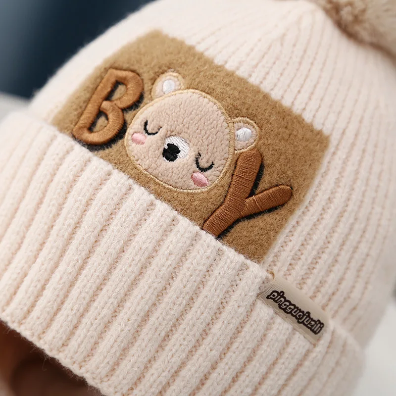 2Pcs/Set Baby Hat Scarf Cute Pompom Winter Woolen Knitted Warm Beanie Kids Boys Girls Cartoon Bear Crochet Cap Scarves