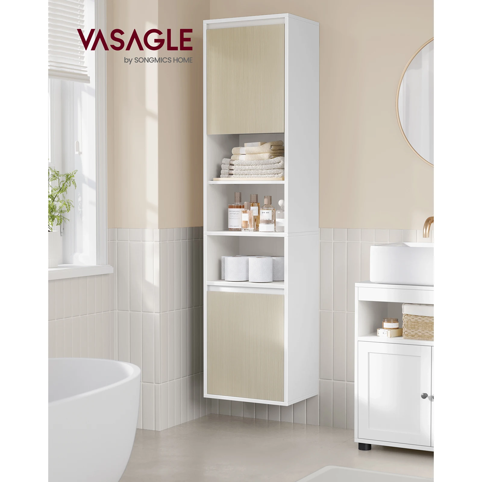 VASAGLE Tall Wall-Mounted Bathroom Cabinet: Adjustable Door Swing, 7 Compartments, 3 Shelves. 30x40x160 cm.