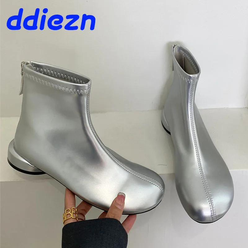 Silver Fashion Round Toe Women Ankle Stretch Boots Shoes Female Casual Footwear Elastic Ladies Short Boots With Zippers Shoes