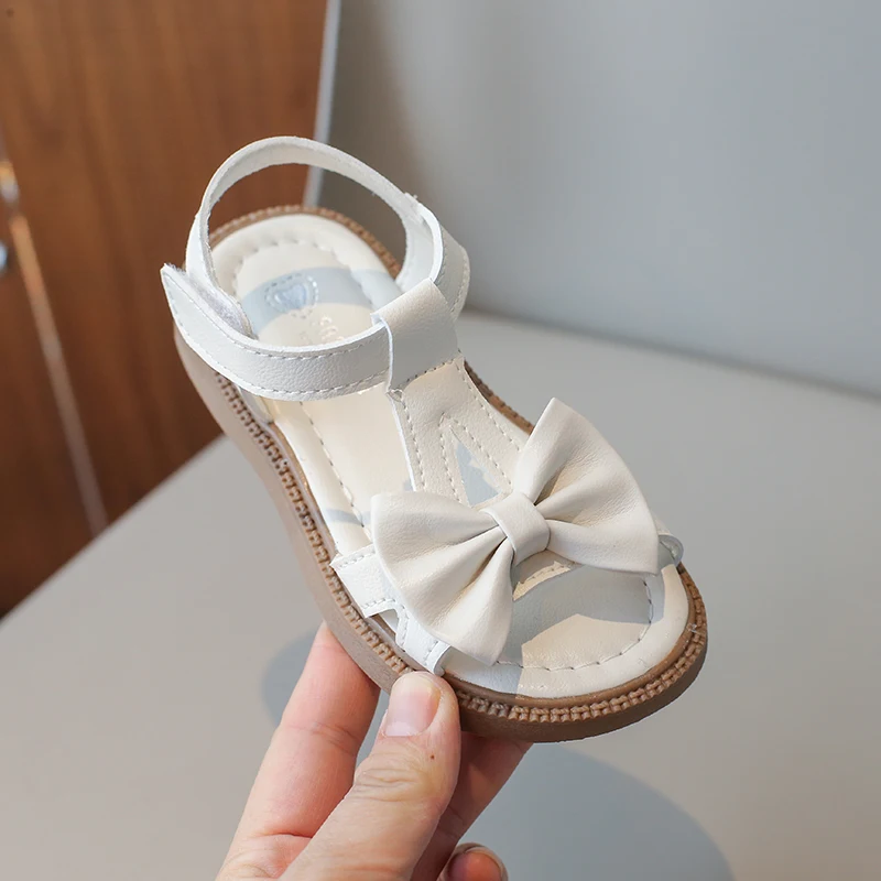 Toddler Girls T-strap Leather Sandals Sweet Bowknot Beach Shoes Sandals for Baby Girls Kids Flats 3-14 Years Summer Sandalias