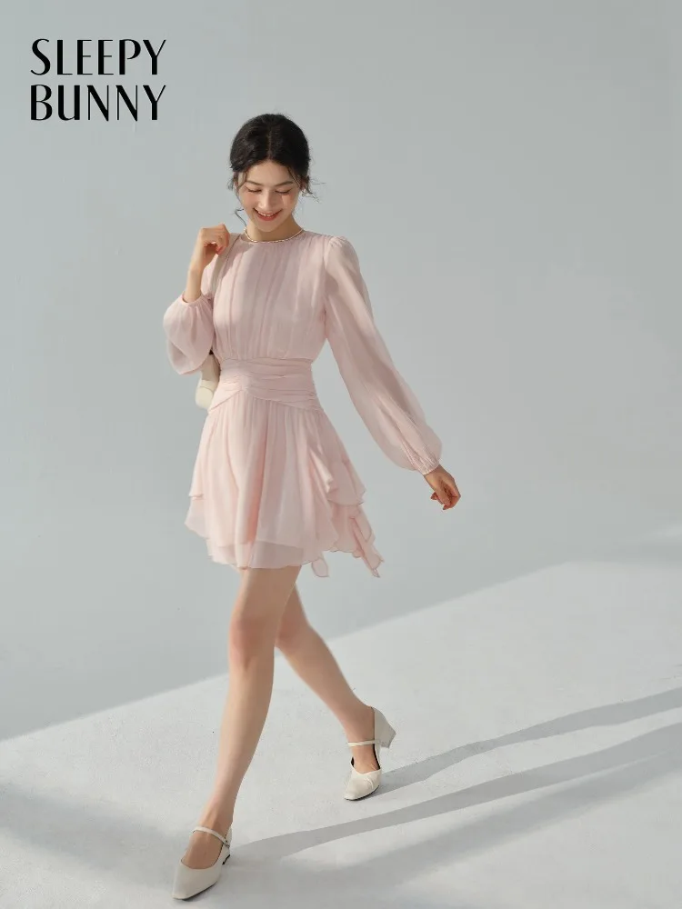 

Elegant Gentle Stylish Chiffon Long Sleeve Dress French Ruffle Midi Dress with Slim Waist Design Flowy Feminine Outfit for Women