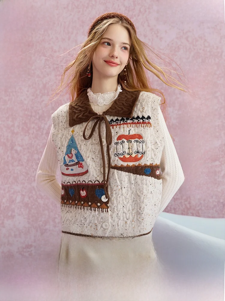 

Вязаный жилет Sweet Sle, женский лоскутный воротник, цветная кровавая лента с вышивкой, забавный цветочный узор, осеннее новое поступление