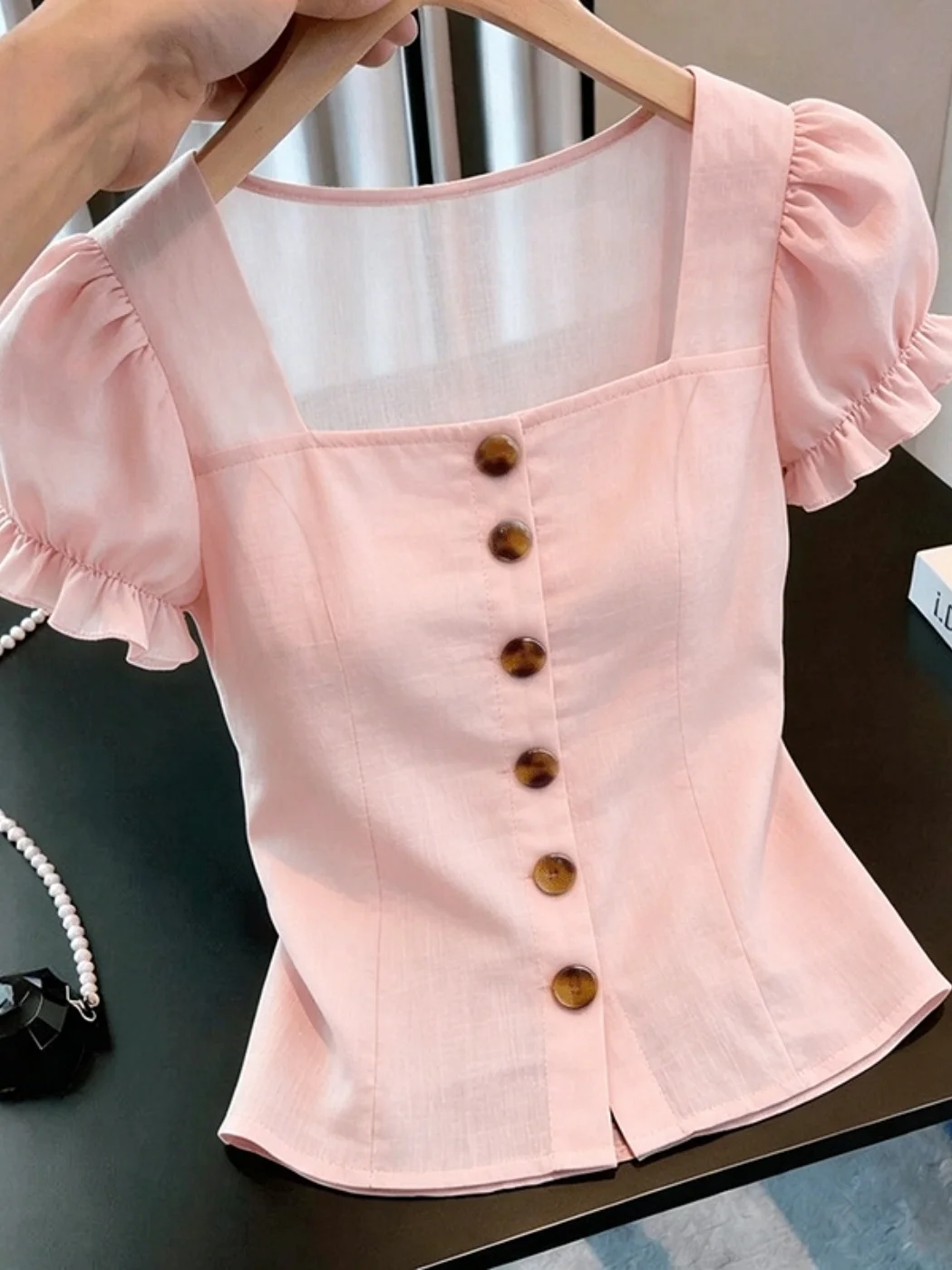 

Summer Pink Square Collar Bubble Sleeve Shirt Commute Slimming Personality Top French Style Button Short Sleeve Women's Shirt