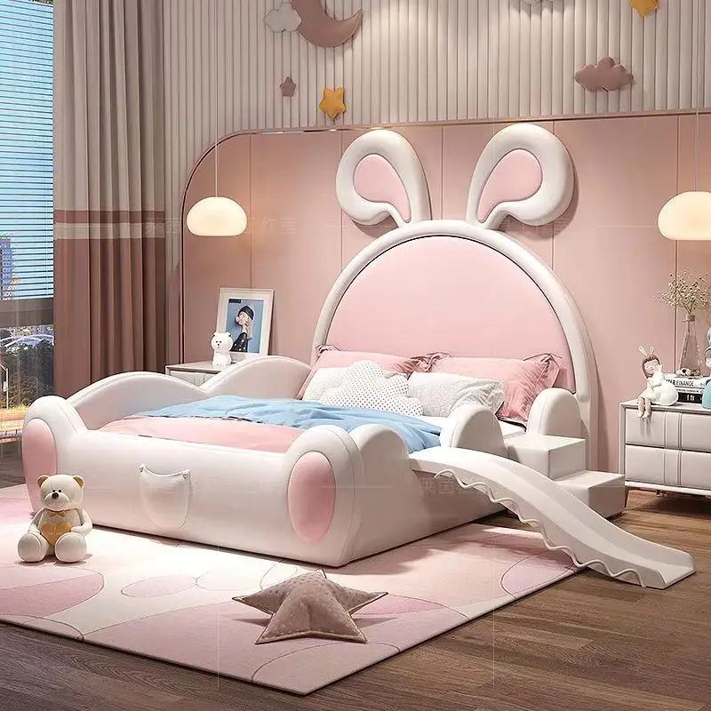 

Pink Rabbit-Ear Slide Bed Solid Wood Light Luxury Girls Princess Bedroom Furniture