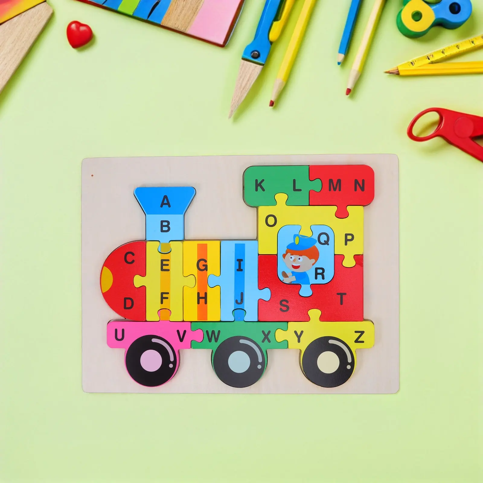 1Set Children's Early Education Wooden Alphabet Puzzle Train Montessori A-Z Abc Learning Board for Fine Motor Skills Preschool