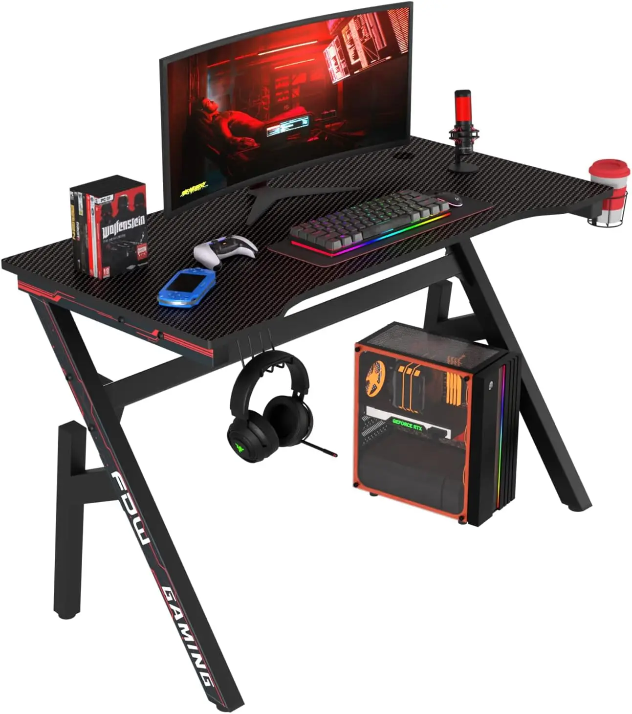 Red Carbon Fiber Textured Gaming Desk with Sturdy Steel Frame for Gamers and Home/Office Use, with Cup Holder, Headphone Hook, Etc