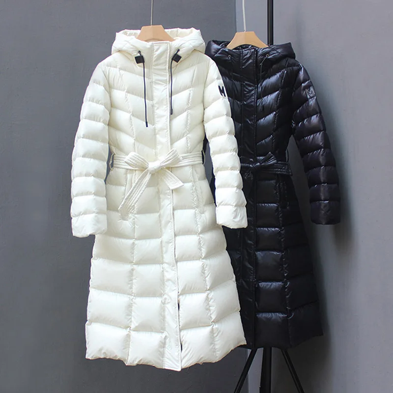 

Winter Slim Long Hooded Down Jacket Women White Duck Down Warm Knee Length Down Jacket Female Lace Up Zipper Puff Parker Outwear