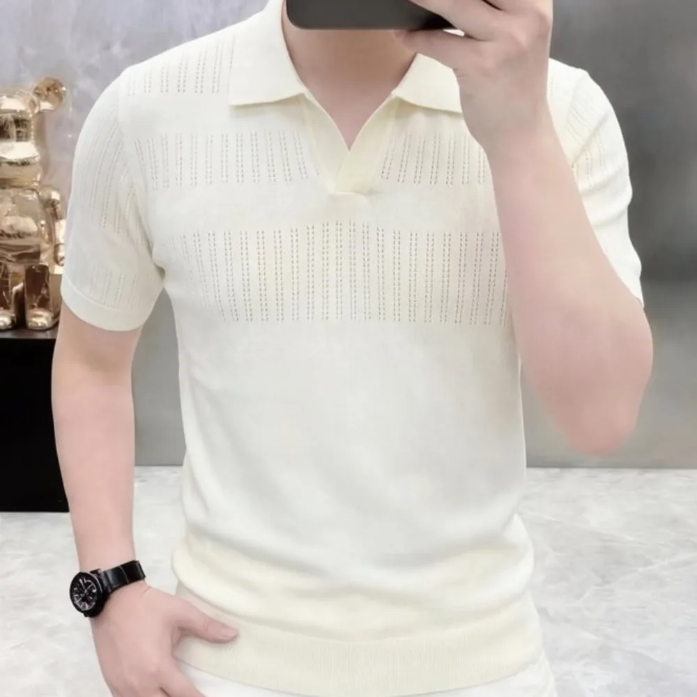 Summer Knit Lapel T-shirt Polo Camisa Hombre British Streetwear Men Shirt Mannen Polo Homme Short-sleeved Casual Slim Lapel Polo