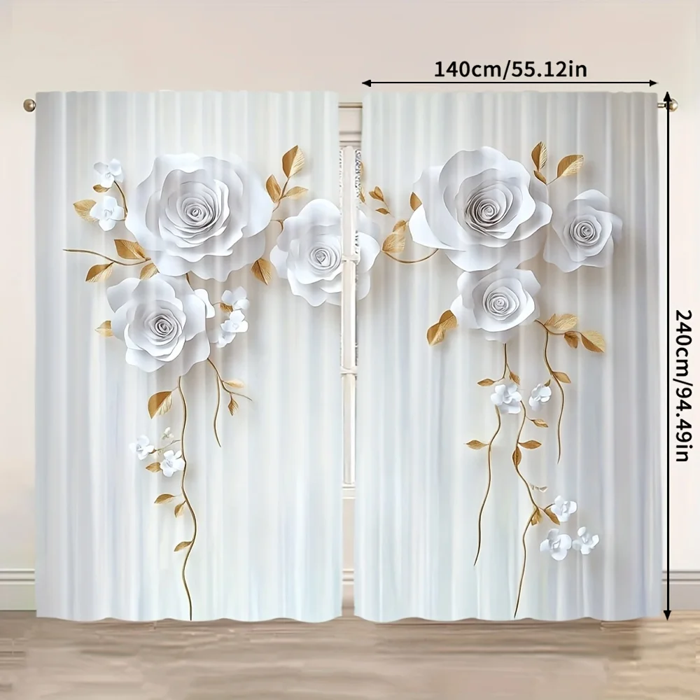 Cortinas de hojas de oro y rosa blanca, cortinas de ventana con impresión plana 2D, decoración elegante para el hogar, diseño romántico de moda para sala de estar