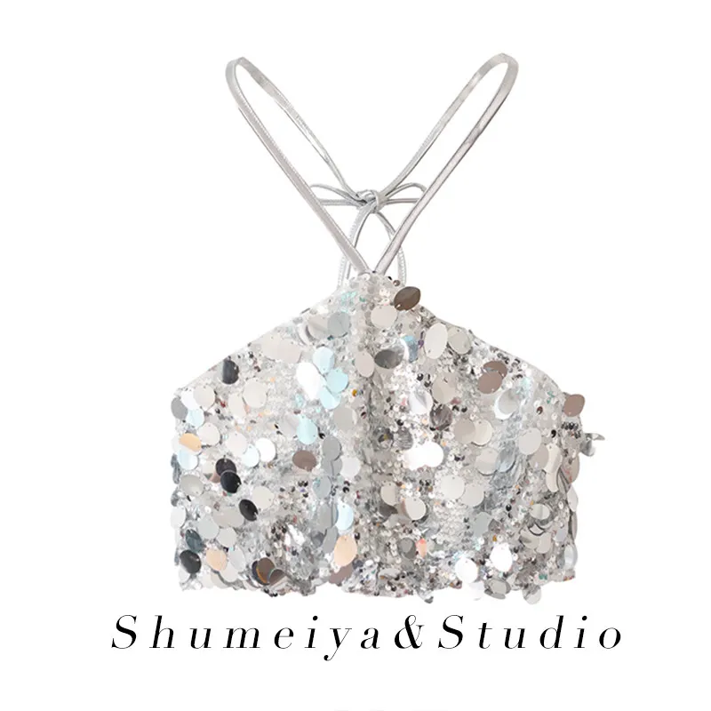 European And American Short Sexy Hot Girl Nightclub Bouncing Performance Sparkling Sequin Top Backless Hanging Neck Tank Top