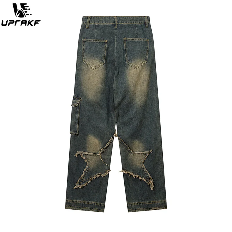 UPRAKF Stars Aesthetic Jeans Y2K Vintage Streetwear Trousers Wide Leg Grunge Denim Pants Fashion