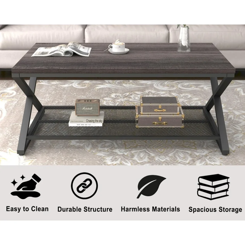 Industrial Grey Coffee Table, 2 Tier Wood Living Room Table, Wooden Rectangle Center Table Storage, Low Cocktail Tea Table