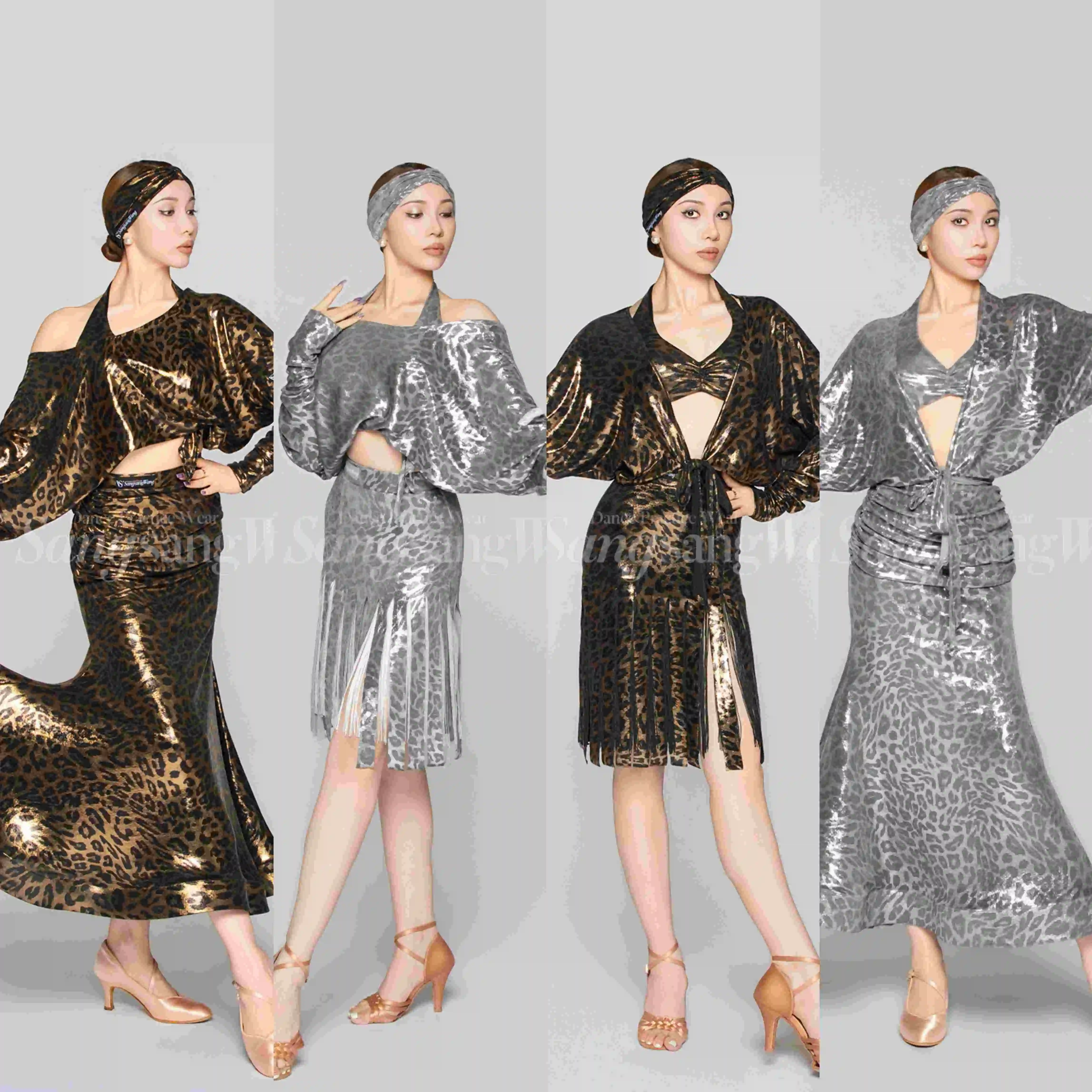 

Глянцевая леопардовая одежда для латинских бальных танцев, женский жилет для взрослых, свободное пальто, юбка с бахромой, одежда для выступлений, DNV25796