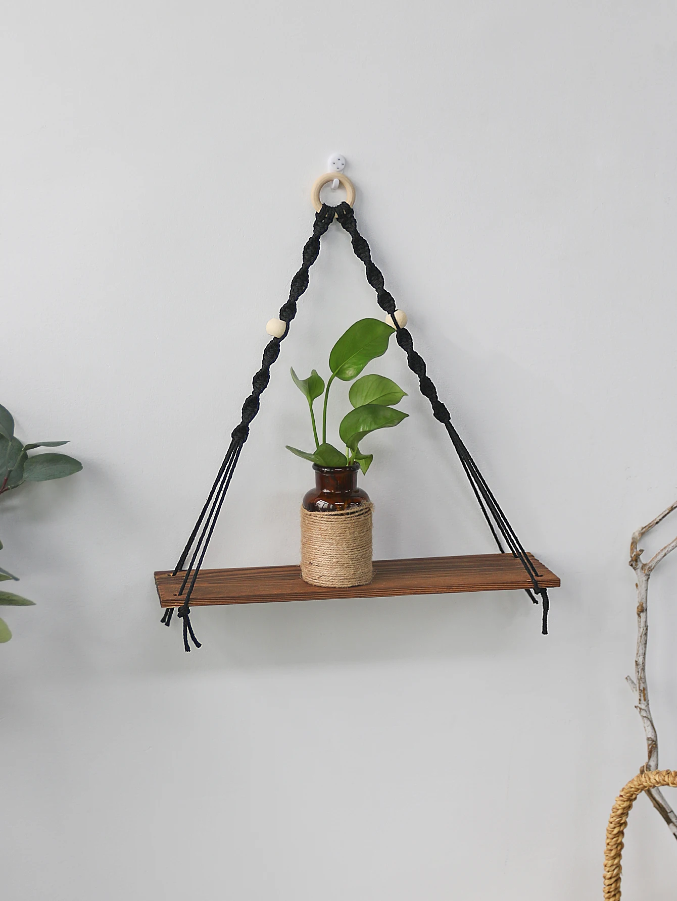 1 Pc Black Macrame Wall Hanging Floating Wall Shelf Wall Shelves Plant Flower Pot Tray Display Stand Ledge Boho Home Decoration