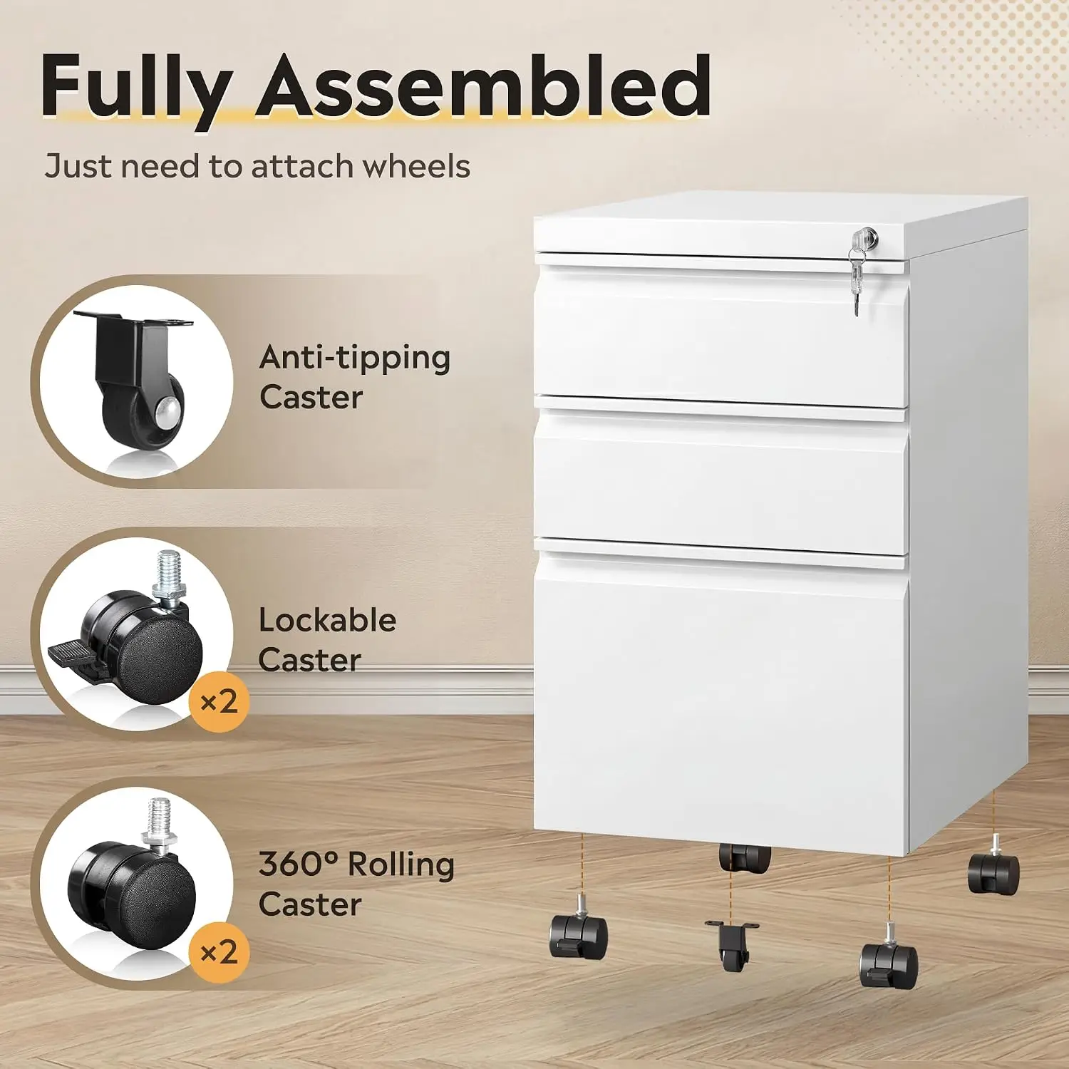 3 Drawer Mobile File Cabinet Fully Assembled Office Storage Metal Locking, Customized