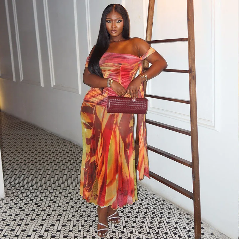 

STYLISH LADY Tie Dye Printed Holiday Dress 2025 Autumn Women Off the Shoulder Draped Sexy Club Party Long Dresses