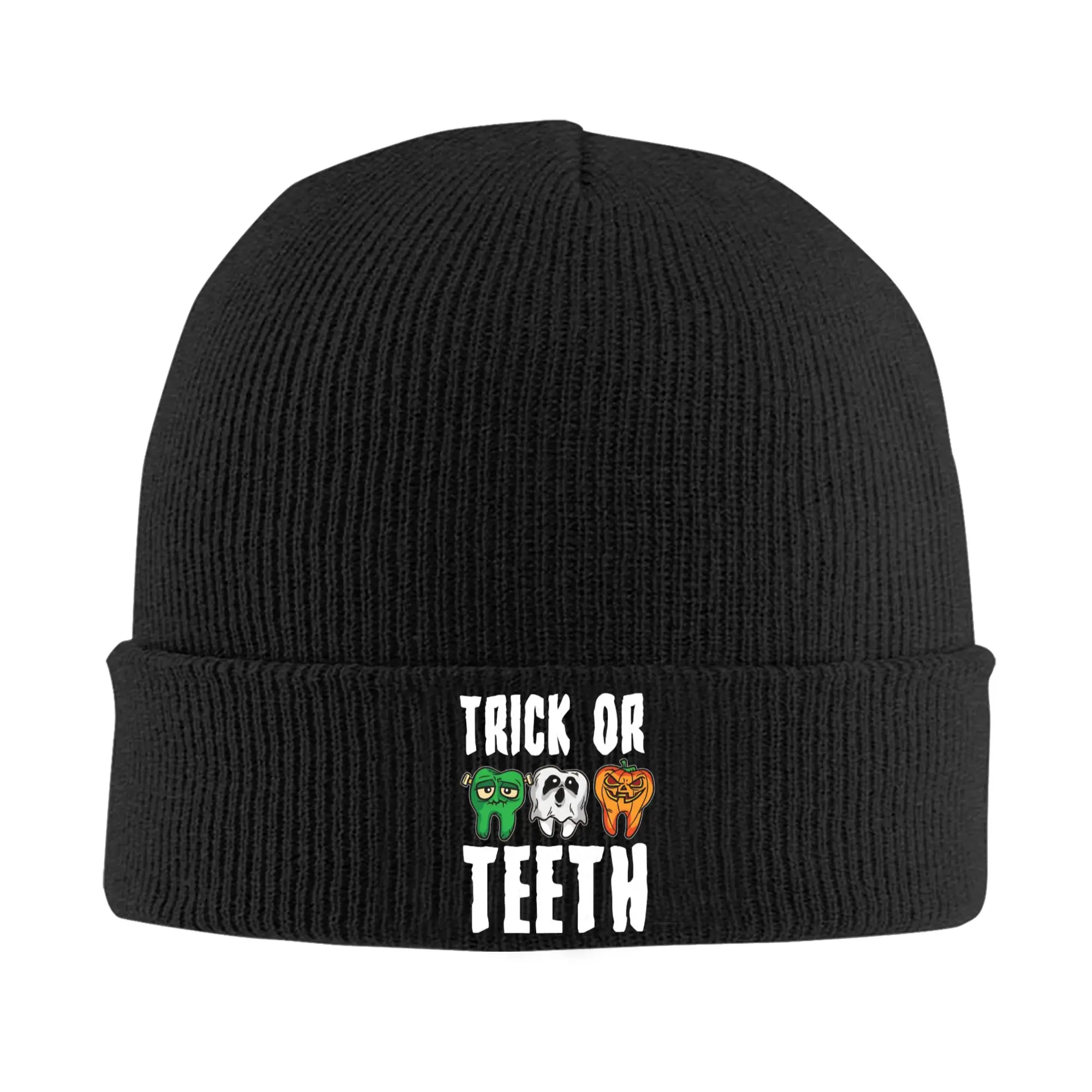 Trick or Teeth Dentist  Knitted Hat  Skullies Beanies Autumn Winter Hats Acrylic Cartoon Teeth Helloween Crochet Melon Cap