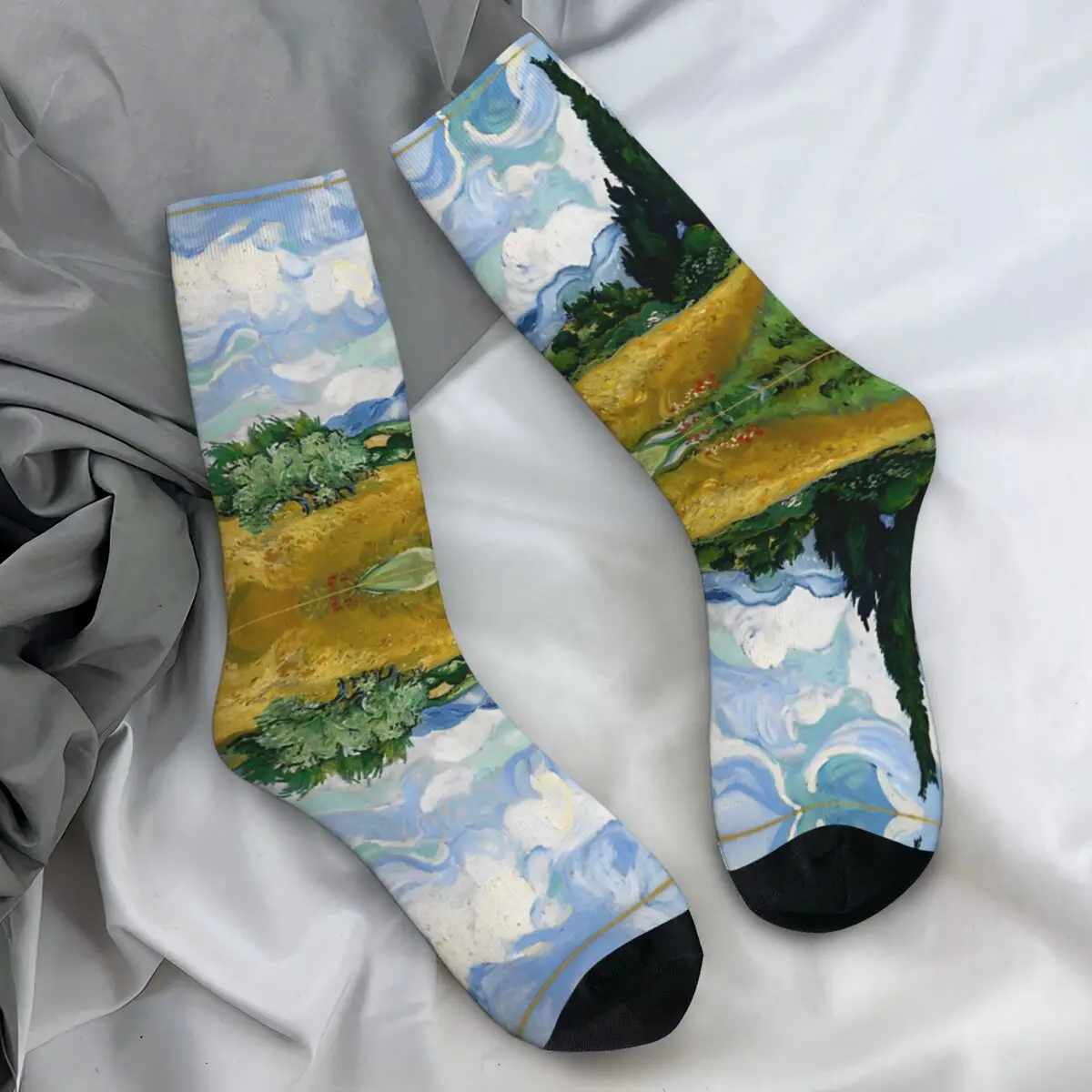 Vincent Van Gogh Wheat Fields Cypruses Stockings Men Socks Warm Soft Vintage Socks Spring Running Non-Slip Graphic Sock