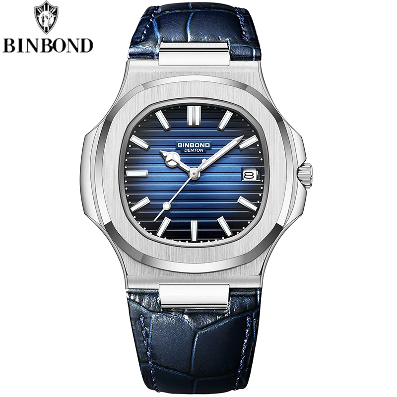 BINBOND Top Luxury Square Man Watch Date Waterproof Luminous Watch High Quality Leather Quartz Men's Watches Relogio Masculino